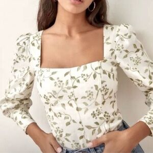 Reformation Stilton Linen Top/ floral Square Neck Blouse